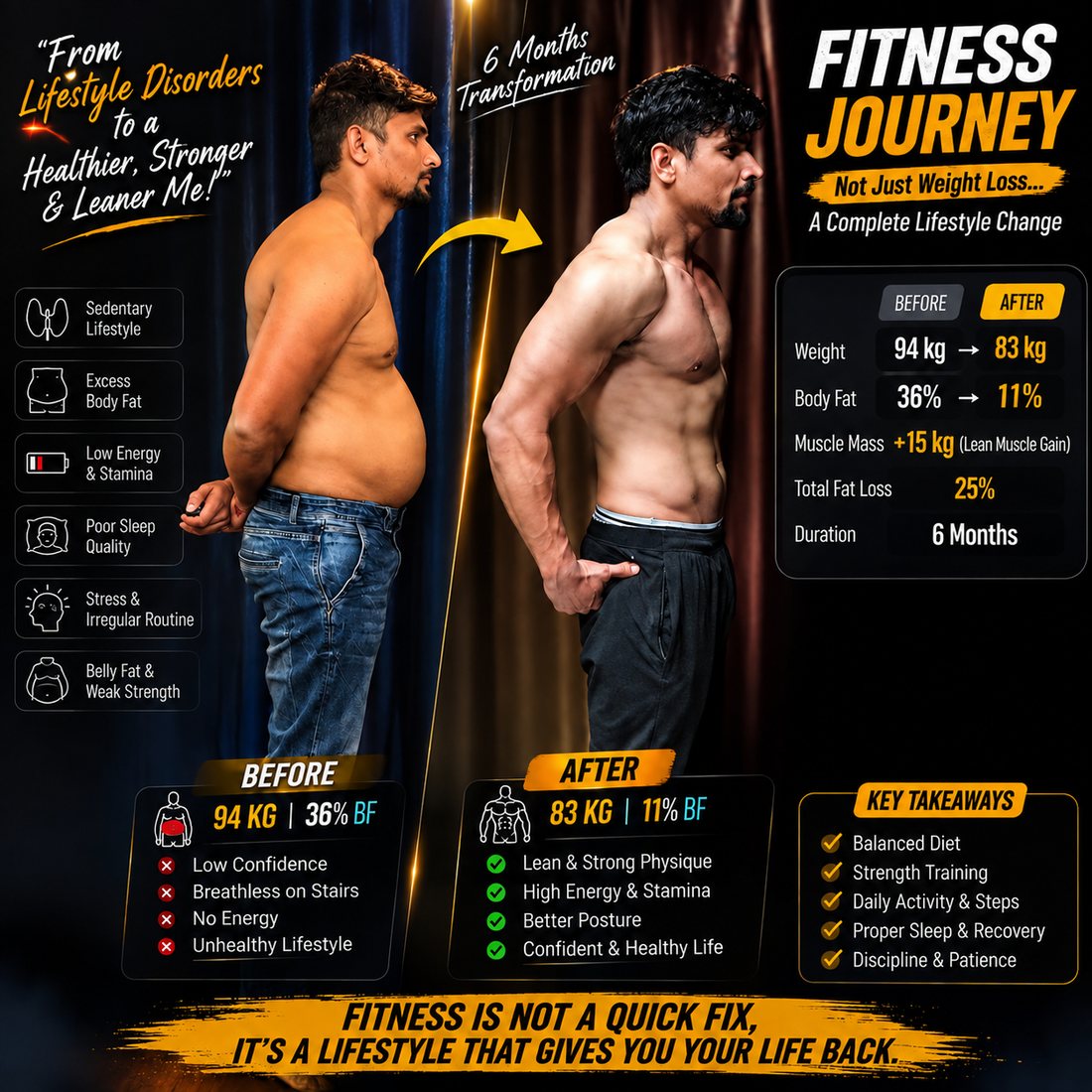 Real client transformation: 94kg to 83kg, 36% to 11% body fat, over 6 months with Logical Fitness